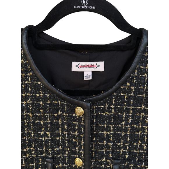 Nanette Lepore Black Gold Tweed Jacket Faux Leather Trim Buttons Sz 8 Career - Picture 8 of 11